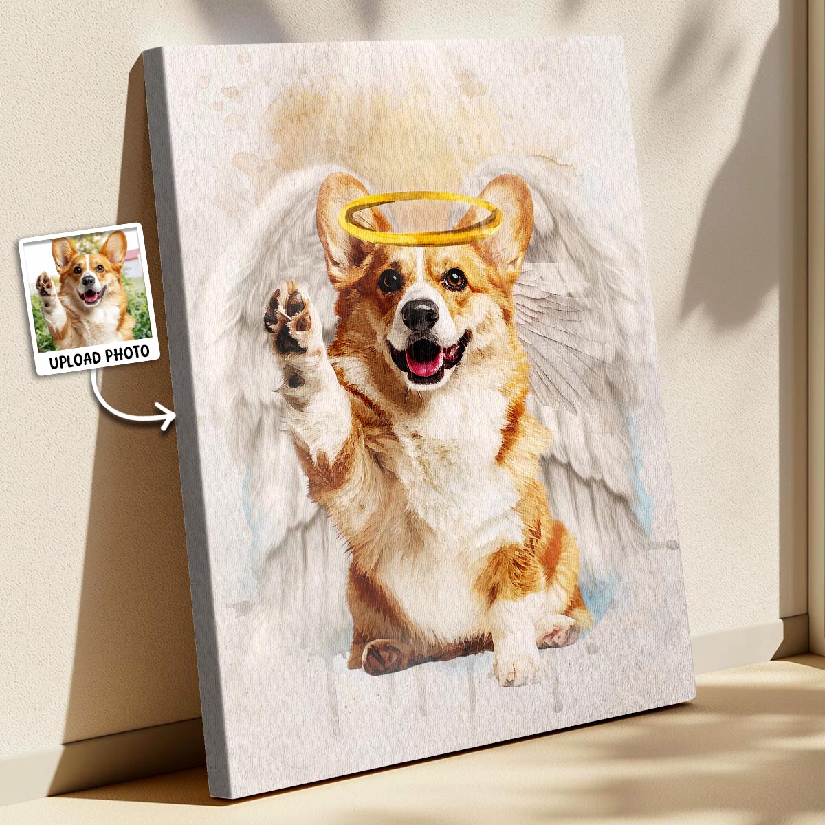 Memorial Custom Photo Canvas - Pet Loss With Halo & Wings And Heavenly Light - Gift For Pet Lovers