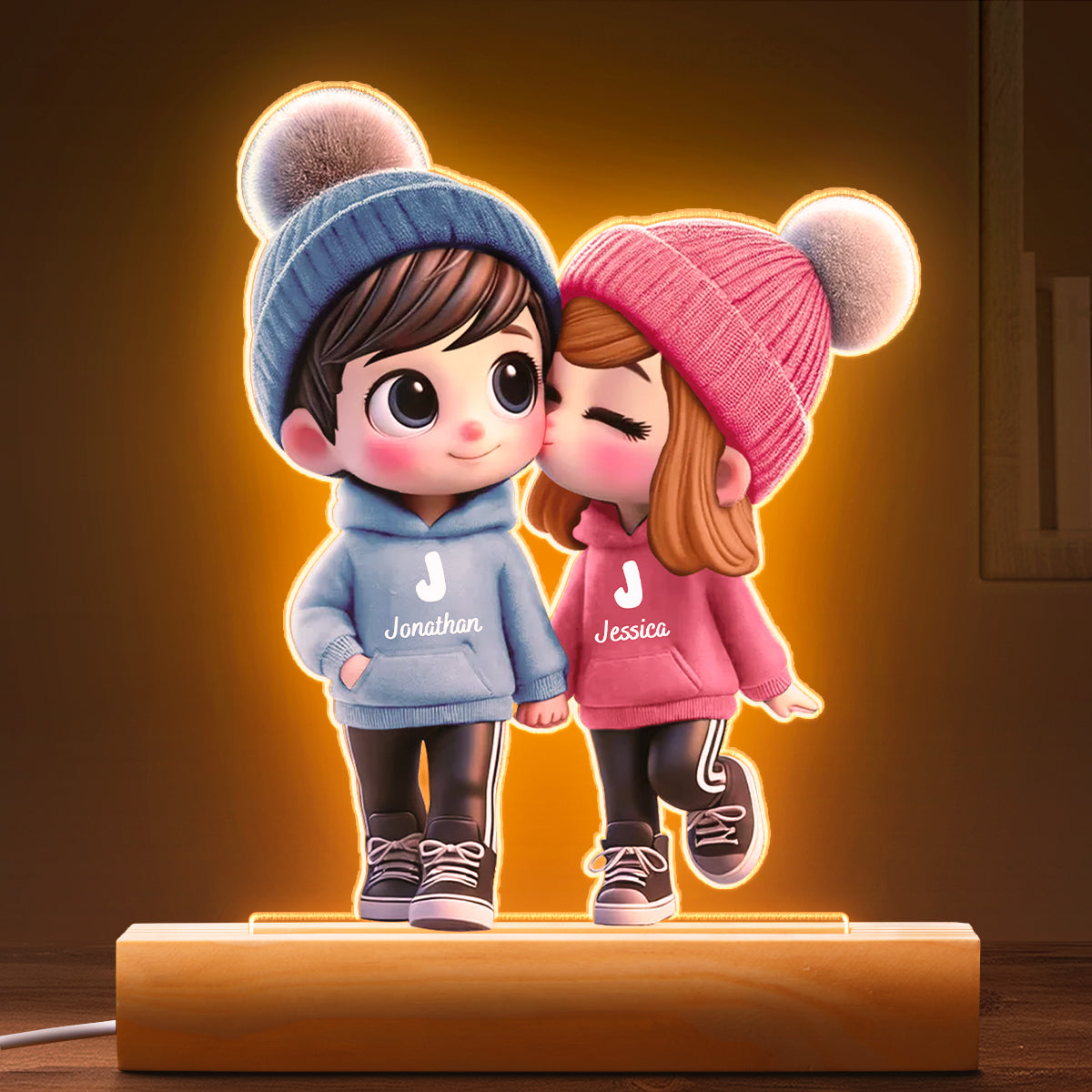 3D Cute Cartoon Couple Walking - Customized Personalized 3D LED Light - Valentine's Day Gift For Husband Wife, Anniversary