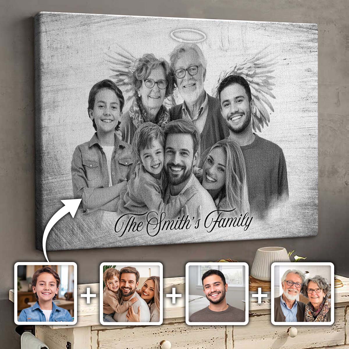 Horizontal Combine Photos Loved One, Family Portrait From Different Photos - Personalized Canvas - Memorial Gift