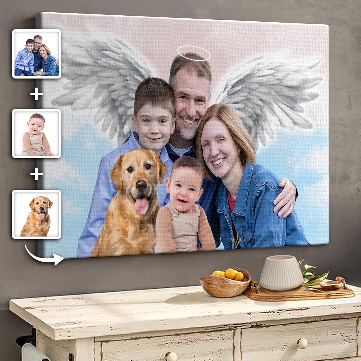 Memorial Custom Combine Photos Canvas - Pastel 2 Color Painting Style Horizontal  - Gift For Family Members