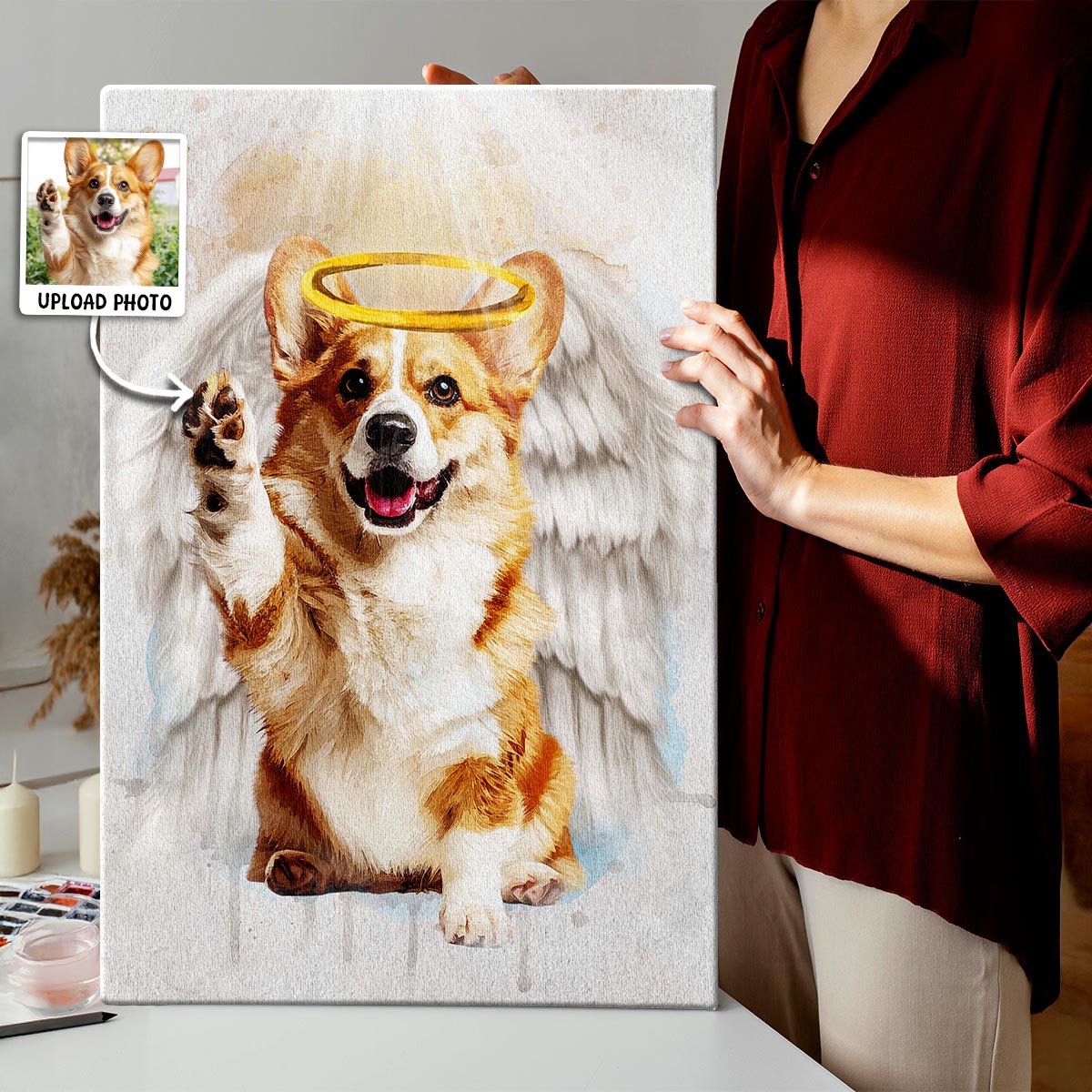 Memorial Custom Photo Canvas - Pet Loss With Halo & Wings And Heavenly Light - Gift For Pet Lovers