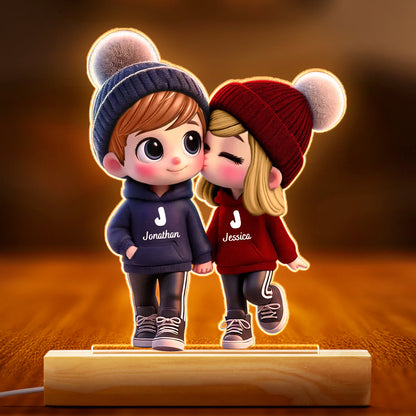 3D Cute Cartoon Couple Walking - Customized Personalized 3D LED Light - Valentine's Day Gift For Husband Wife, Anniversary