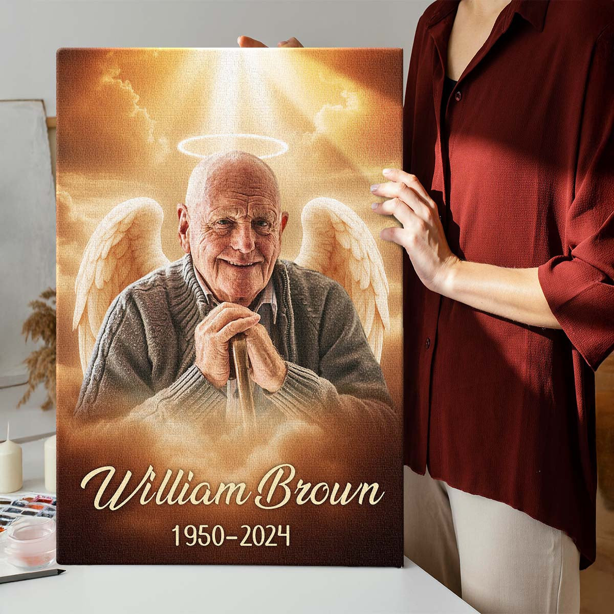 Memorial Custom Photo Canvas - Pet Loss, Deceased Loved One With Halo & Wings Heaven - Gift For Family Members