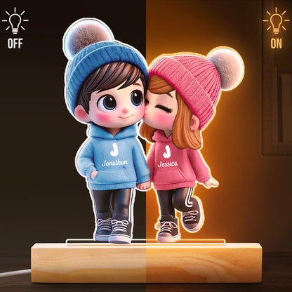 3D Cute Cartoon Couple Walking - Customized Personalized 3D LED Light - Valentine's Day Gift For Husband Wife, Anniversary