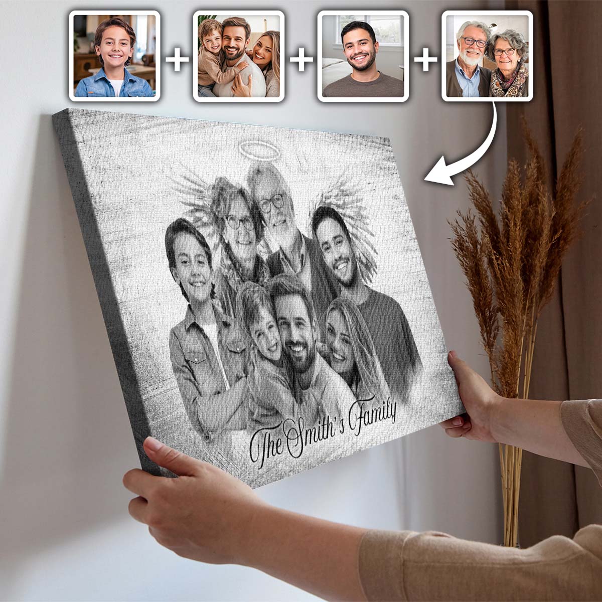 Horizontal Combine Photos Loved One, Family Portrait From Different Photos - Personalized Canvas - Memorial Gift